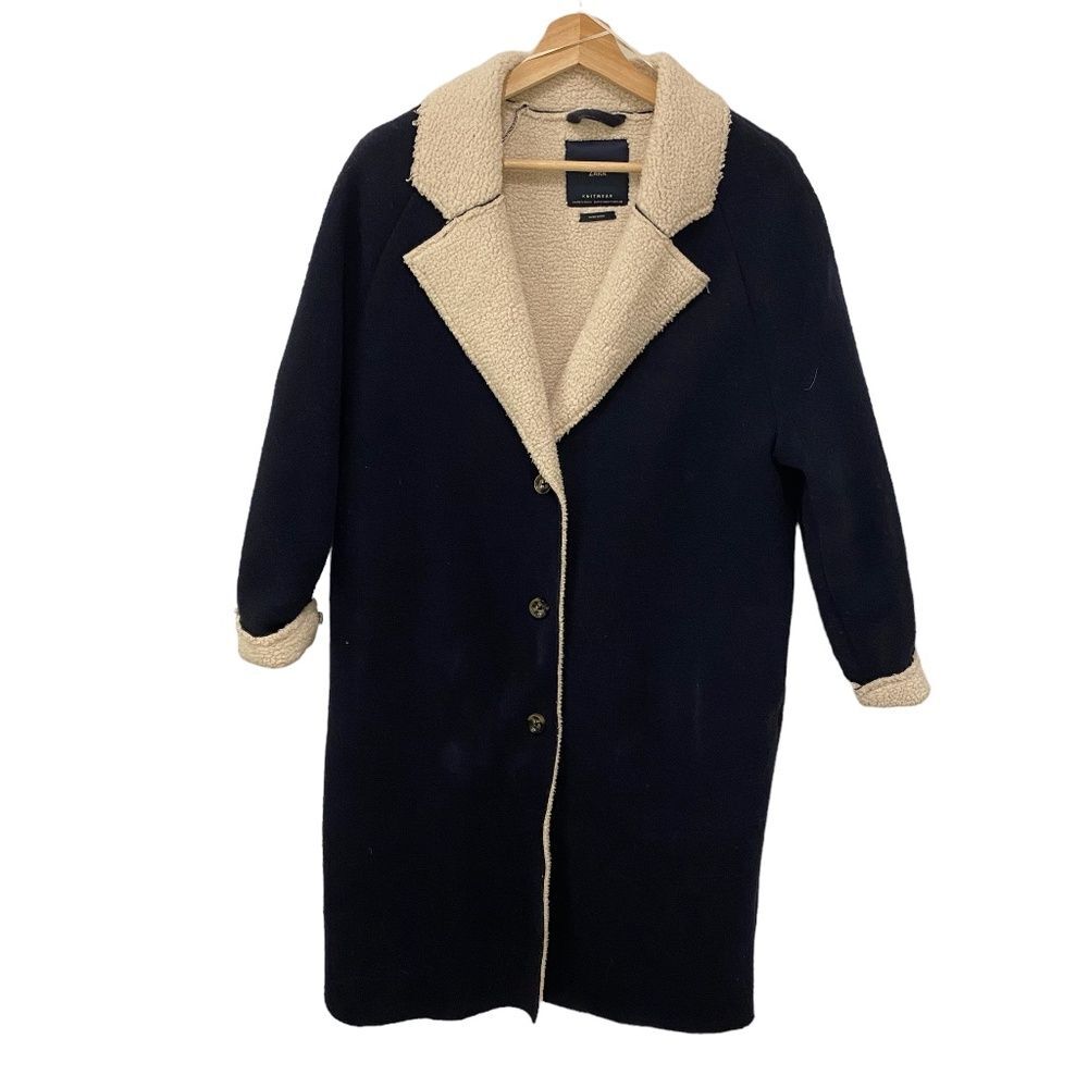 Zara Knitwear Navy Blue Wool Blend Long Coat Medium Cream Faux Sherpa Fleece